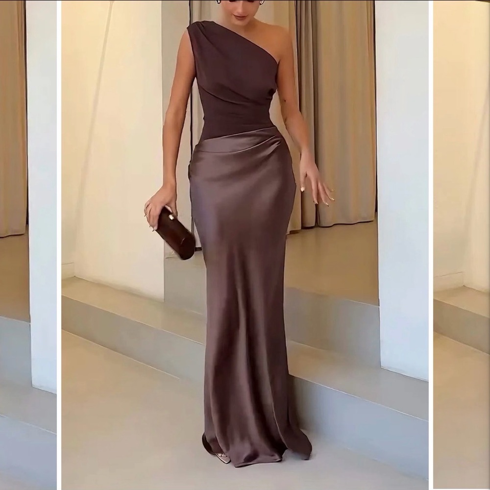One-Shoulder Satin Evening Dress in Deep Brown
